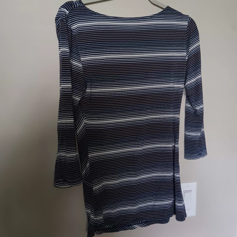 Three-Quarter Sleeve Navy & White Striped Cowl Neck Top - Picture 3 of 9
